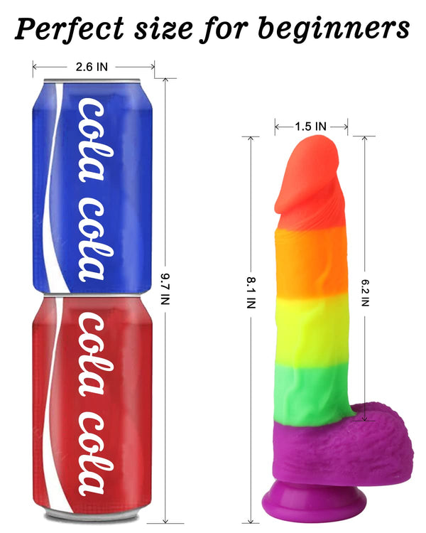 8” Realistic Rainbow Dildo – Ultra-Soft Silicone Suction Cup Dildo for G-Spot & Anal Play, LGBTQ+ Friendly Adult Toy for Women, Men & Couples