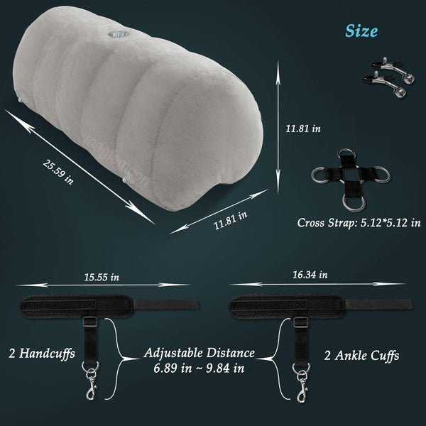 Grey Heart-Shaped Inflatable Dildo Mount Sex Pillow with Bondage Cuffs, Nipple Clamps & BDSM Kit – Upsize Sex Cushion for Couples