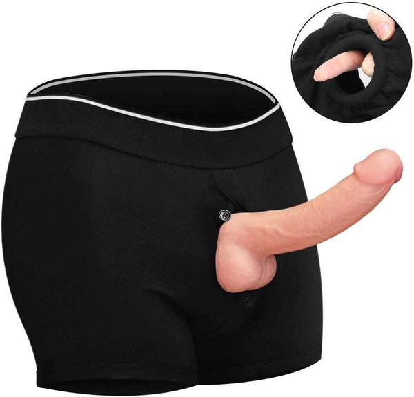 Strap-On Harness Boxer, Dildo Shorts – Unisex Pegging & Packing Underwear with Hidden Vibe Pocket, Platinum Silicone O-Ring, and Cotton Comfort for Couples & Daily Wear