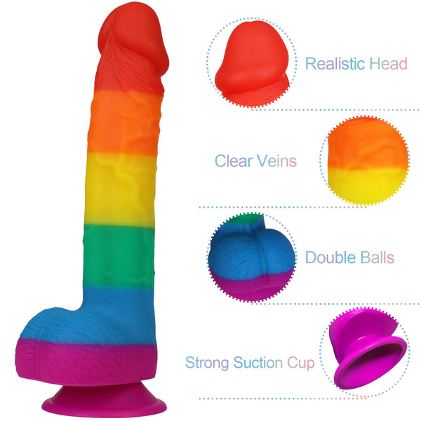 9โ Rainbow Realistic Dildo โ Transparent Silicone Suction Cup Dildo with Balls for Hands-Free G-Spot & Anal Play