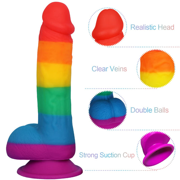 7.5" Rainbow Realistic Dildo for Adult Sex Toys - Liquid Silicone Material Strong Suction Cup Hands-Free Play 2 Balls