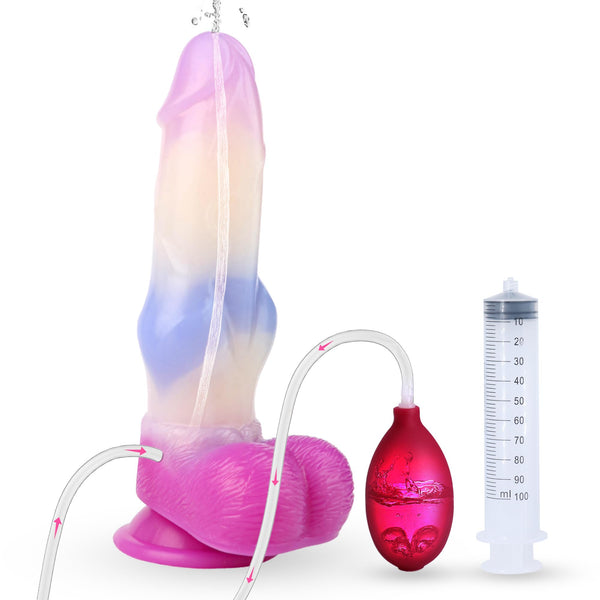 8.19" Squirting Dog Dildo – Knotted Fantasy Dildo with Ejaculation Syringe & Suction Cup, Pink Silicone Canine Dildo