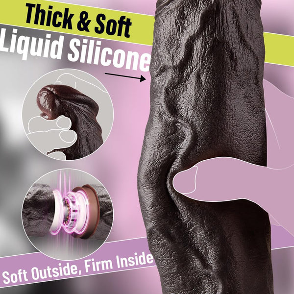 10-Inch Thrusting & Vibrating Black Dildo that Heats – Silicone BBC with Suction Base & Remote