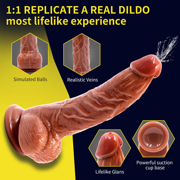 9 Inch Brown Squirting Dildo – Realistic Ejaculating Toy with Balls, Curved Shaft, and Suction Cup for Hands-Free G-Spot & Anal Play