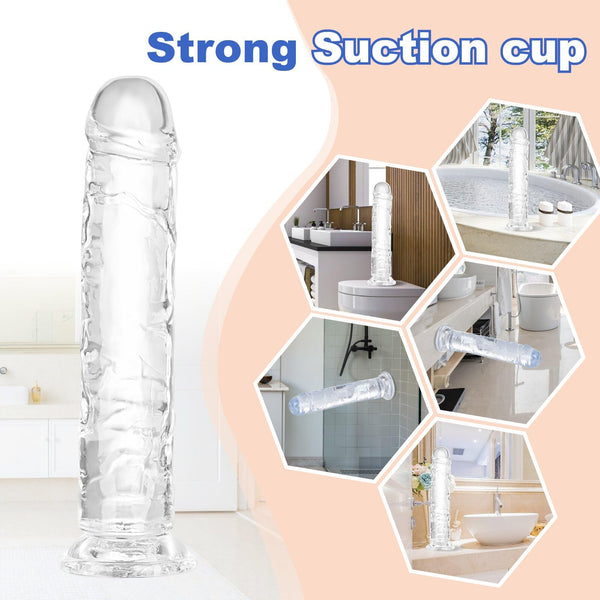 10” Long Clear Realistic Dildo – Transparent Jelly Penis with Suction Cup, Soft Flexible Dildo for Anal & G-Spot Stimulation, Adult Toy for Women, Men & Couples
