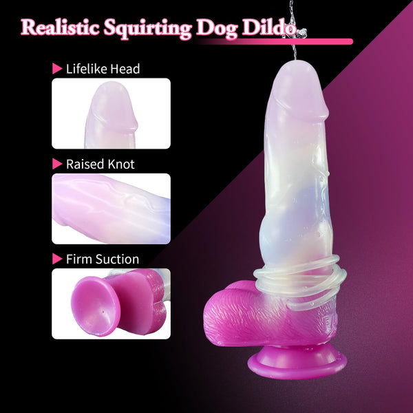 8.19" Squirting Dog Dildo – Knotted Fantasy Dildo with Ejaculation Syringe & Suction Cup, Pink Silicone Canine Dildo