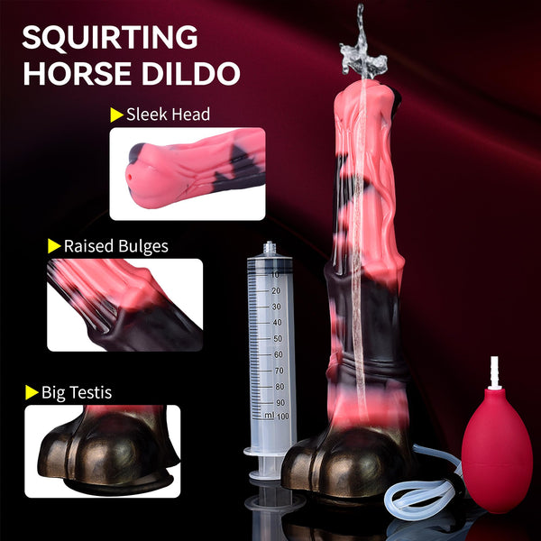 12 Inch Squirting Horse Dildo – Realistic Extra-Thick Fantasy Toy with Suction Cup, Red Silicone