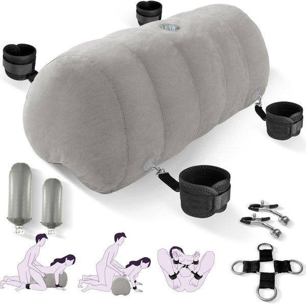 Grey Heart-Shaped Inflatable Dildo Mount Sex Pillow with Bondage Cuffs, Nipple Clamps & BDSM Kit – Upsize Sex Cushion for Couples