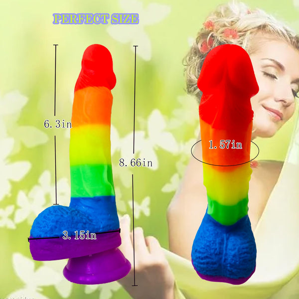 8.66-Inch Realistic Rainbow Dildo – Soft Liquid Silicone with Strong Suction Cup, G-Spot & Anal Sex Toy with Lifelike Veins and Dual Balls