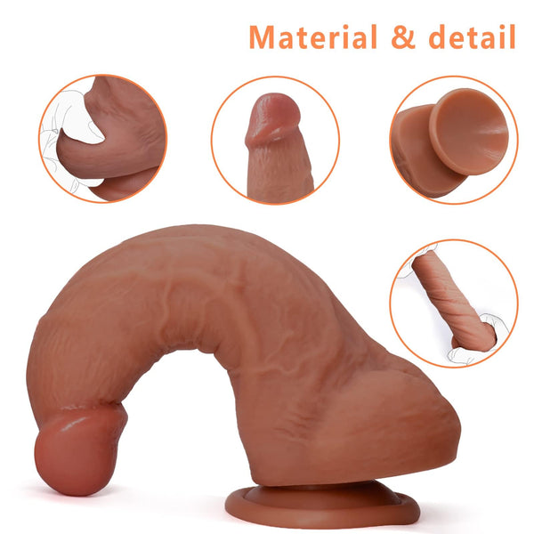 7” Short Fat Realistic Silicone Dildo – Ultra Thick, Soft, Curved Anal Dildo with Balls & Suction Cup for G-Spot and Deep Throat Training
