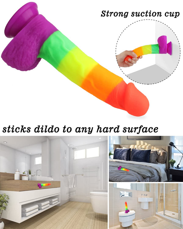 8” Realistic Rainbow Dildo – Ultra-Soft Silicone Suction Cup Dildo for G-Spot & Anal Play, LGBTQ+ Friendly Adult Toy for Women, Men & Couples