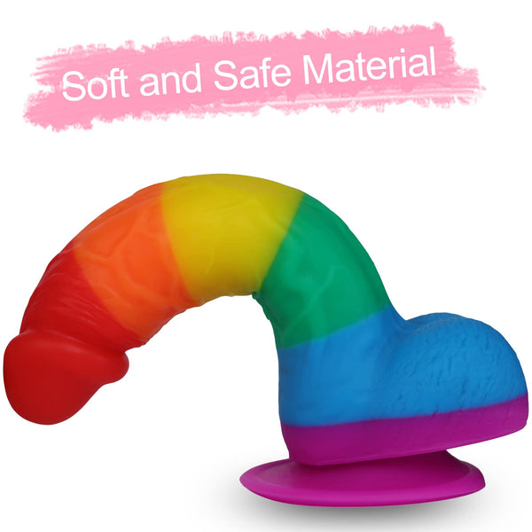 7.5" Rainbow Realistic Dildo for Adult Sex Toys - Liquid Silicone Material Strong Suction Cup Hands-Free Play 2 Balls