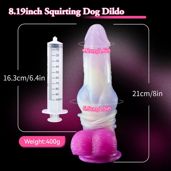 8.19" Squirting Dog Dildo – Knotted Fantasy Dildo with Ejaculation Syringe & Suction Cup, Pink Silicone Canine Dildo
