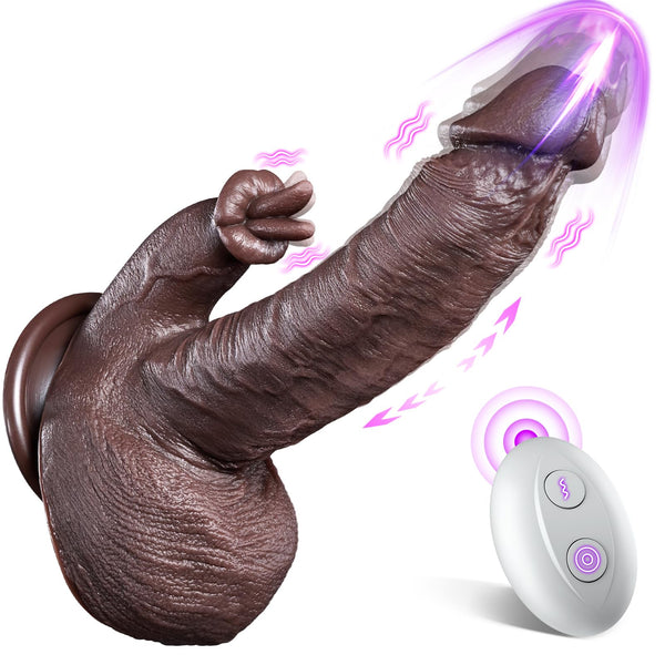 8.7" Tongue Licking Thrusting Dildo Vibrator – Heating Realistic Black Silicone Toy