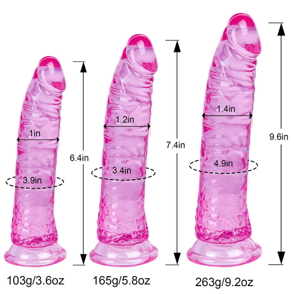 Beginner Realistic Clear Dildo Set – 3 Sizes (Small, Big, Huge) with Suction Cups for Vaginal & Anal Play – Beginner to Advanced Lifelike Penis Sex Toys in Pink, Blue, Purple & Transparent