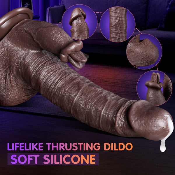 8.7" Tongue Licking Thrusting Dildo Vibrator – Heating Realistic Black Silicone Toy